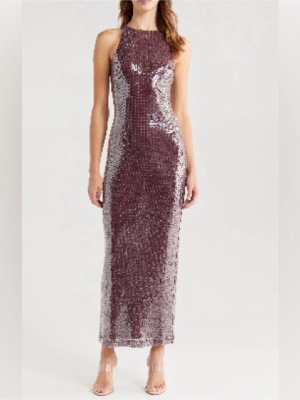 Rare London sequin racer neck maxi dress Sequin Midi Evening Gown in Plum